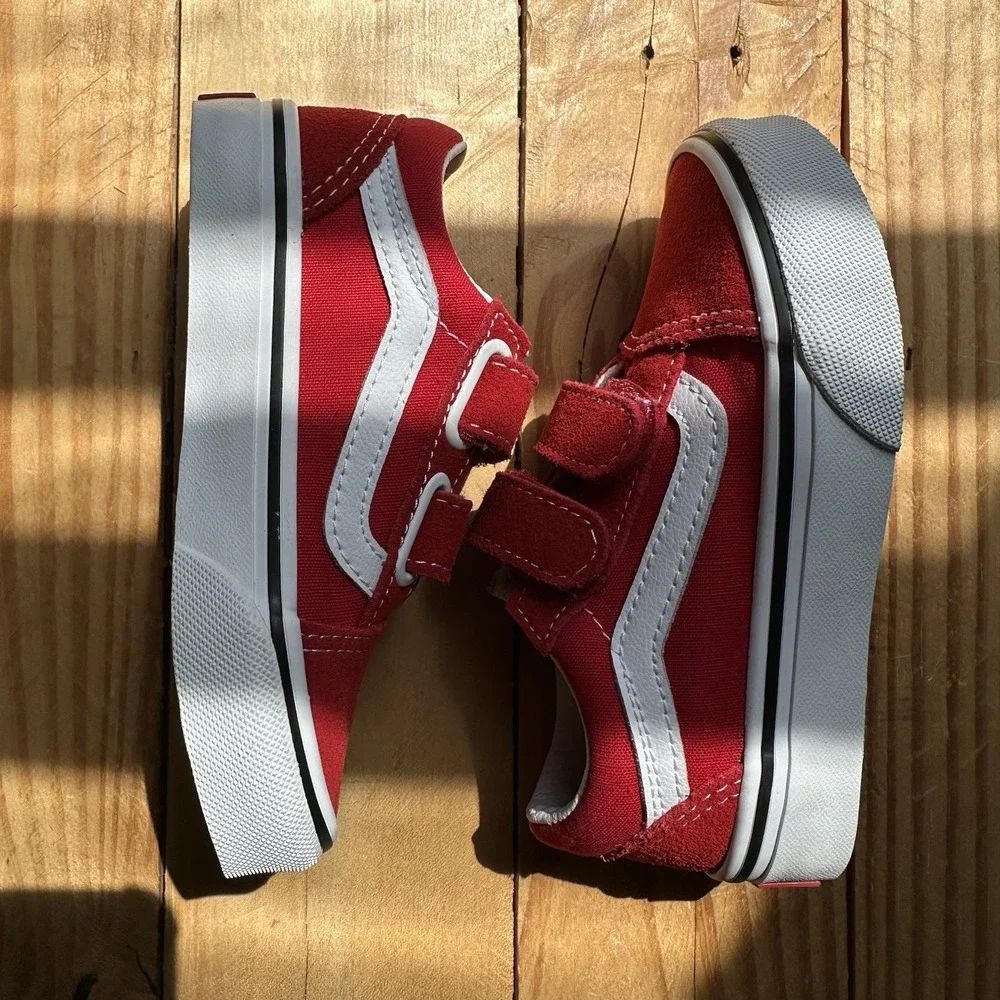 VANS Old Skool Red White Suede Canvas Sneakers Unisex Kids US 10.5 Hook & Loop